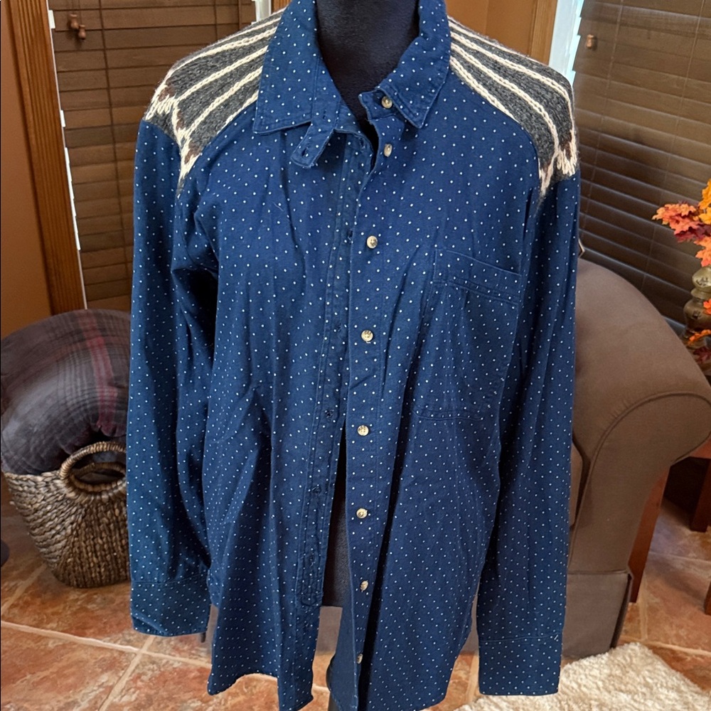 Free People Navy Polka Dot Shirt with Sweater weave accents.